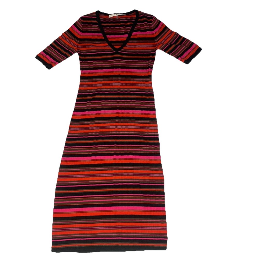 Trina Turk Striped Knit Sweater Dress V-Neck Short Sleeve Multicolor Sheath
